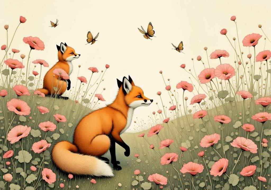 Vibrant Young Foxes Play in a Whimsical Pink Wildflower Mead...