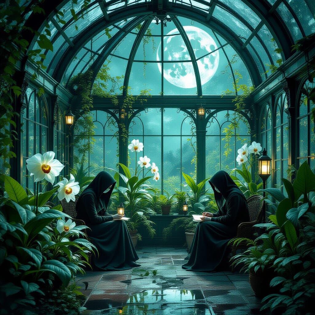 Cursed Conservatory Plants Under Sickly Moon