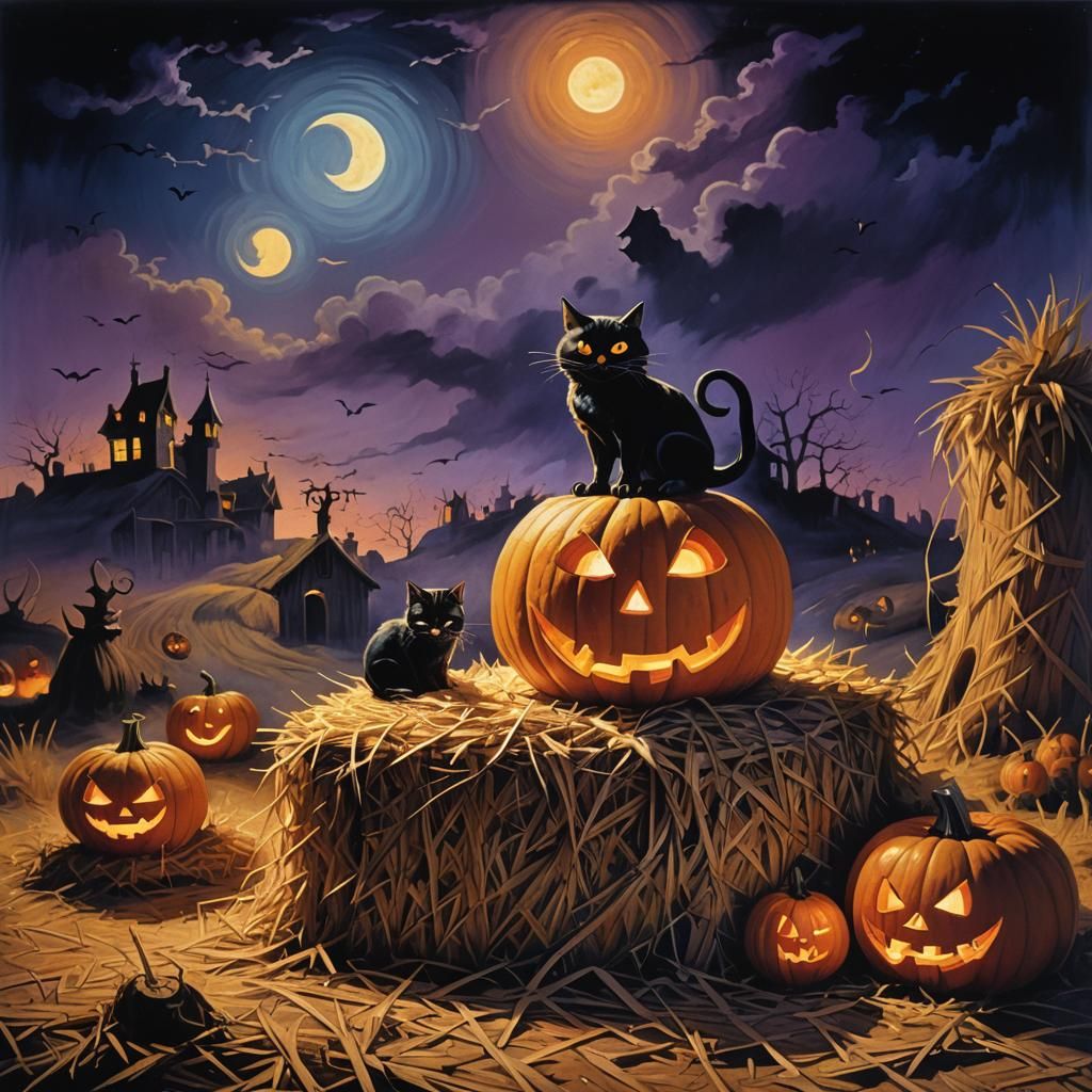Surreal Jack-o'-Lantern and Cat in the Night