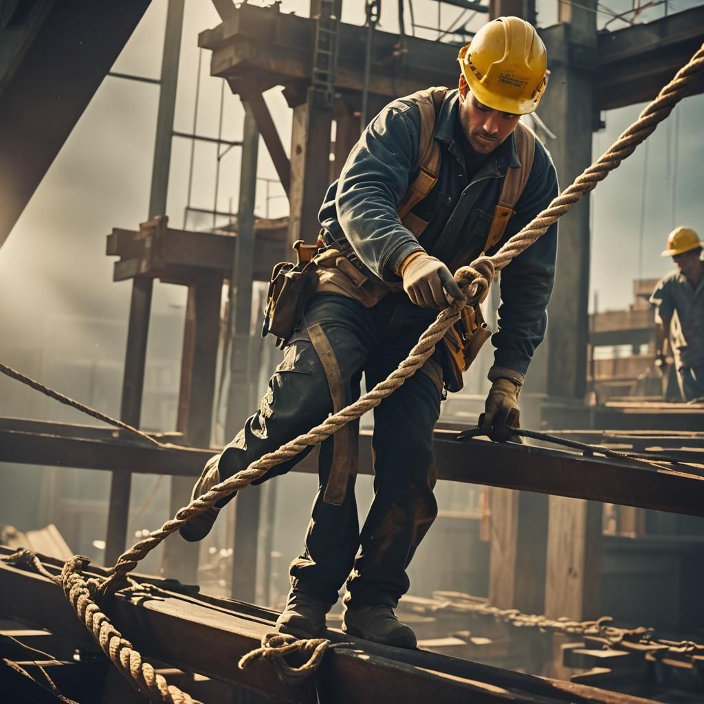 Construction Worker Setting Rope Framework on Beam