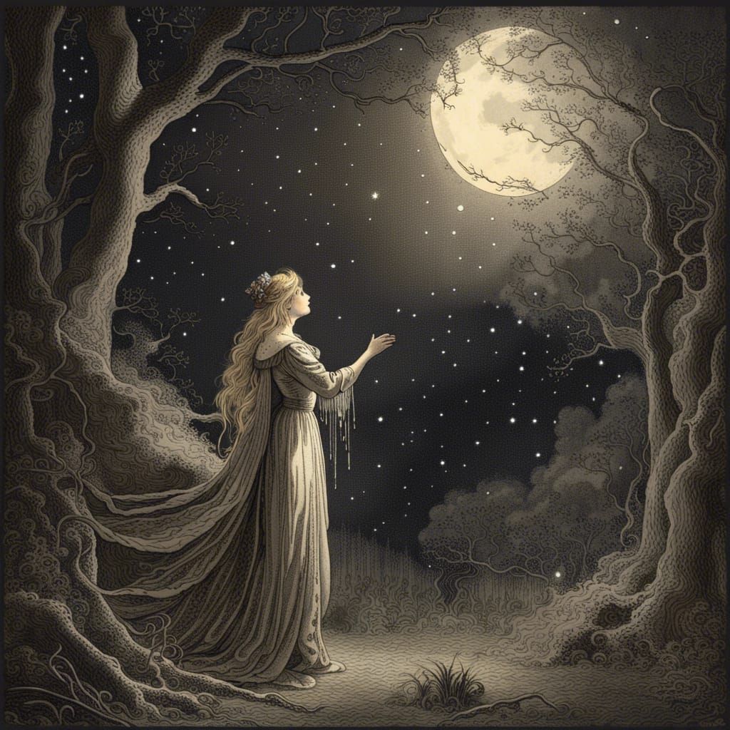 Fairytale Princess Touches the Moon, Etching Style