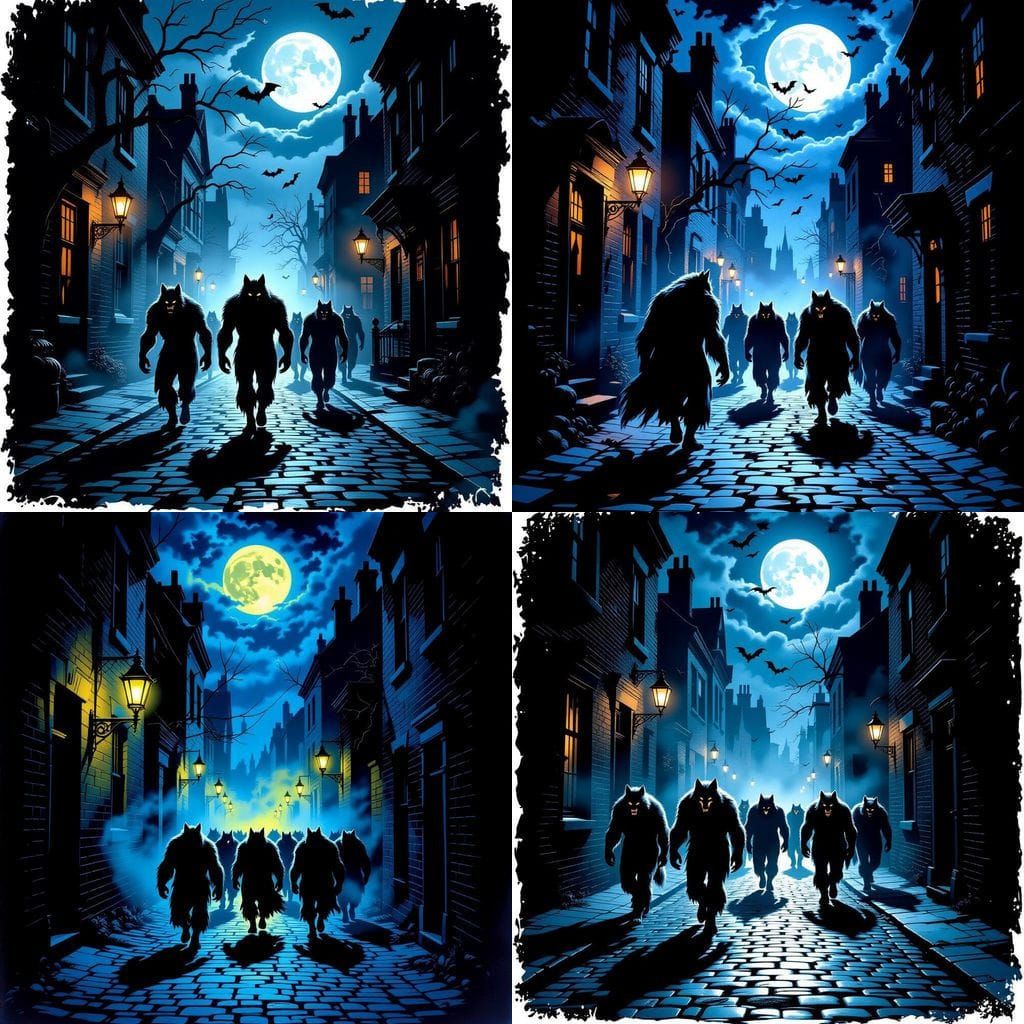 Werewolves Marching Down a Moonlit Alley on Halloween