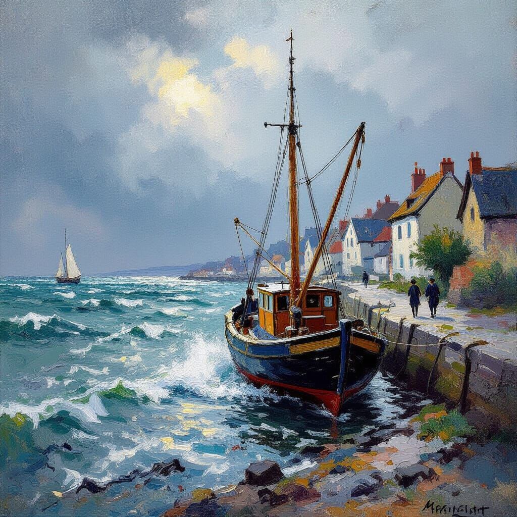 Impressionist Fishing Boat Arrives in Stormy Seaside Village