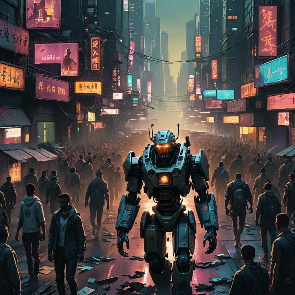 Worn Robot in Neon Cyberpunk Cityscape