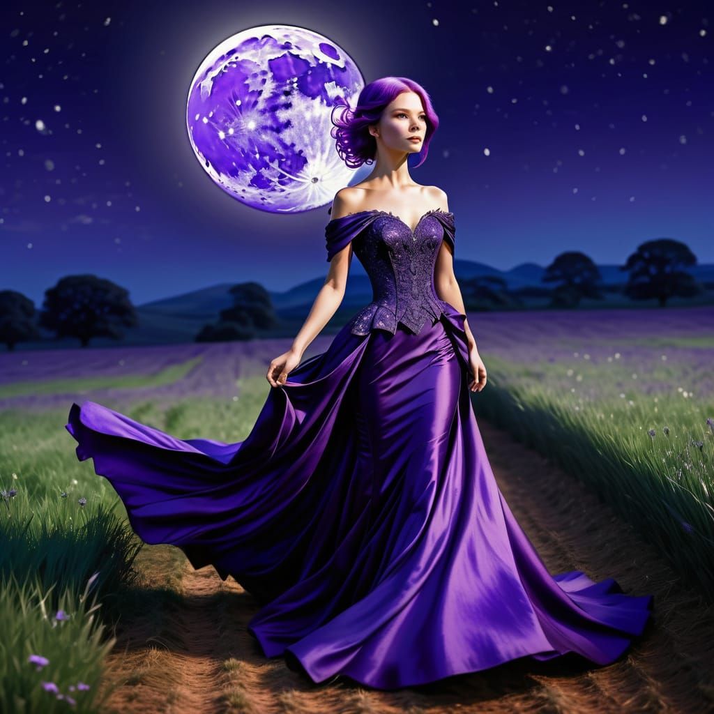 Violet-haired lady in a royal-purple gown
