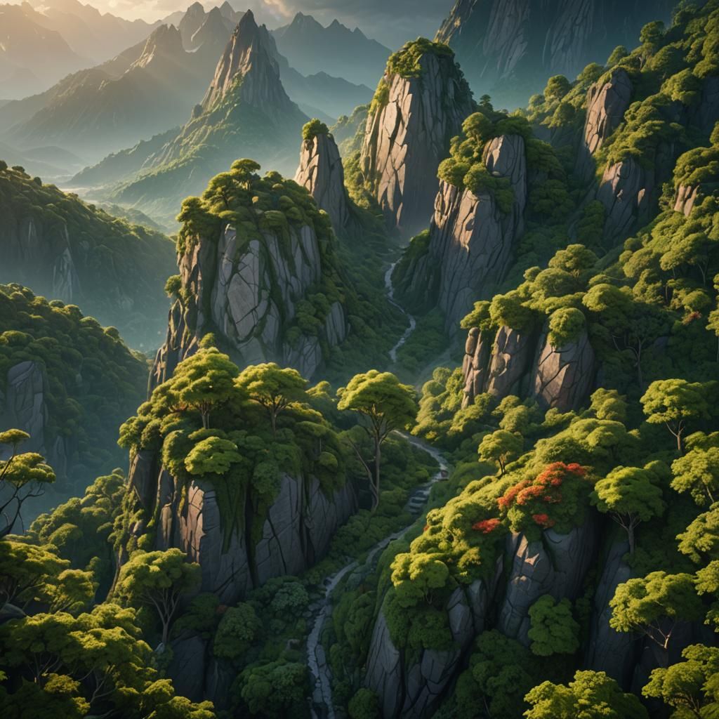 Lush Mountain Peak Sunrise: Detailed Matte Painting
