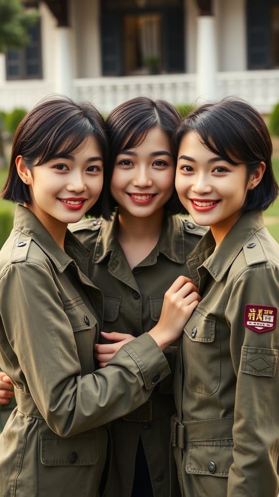 Young Asian Women in Camouflage, Captured in Cinematic Style