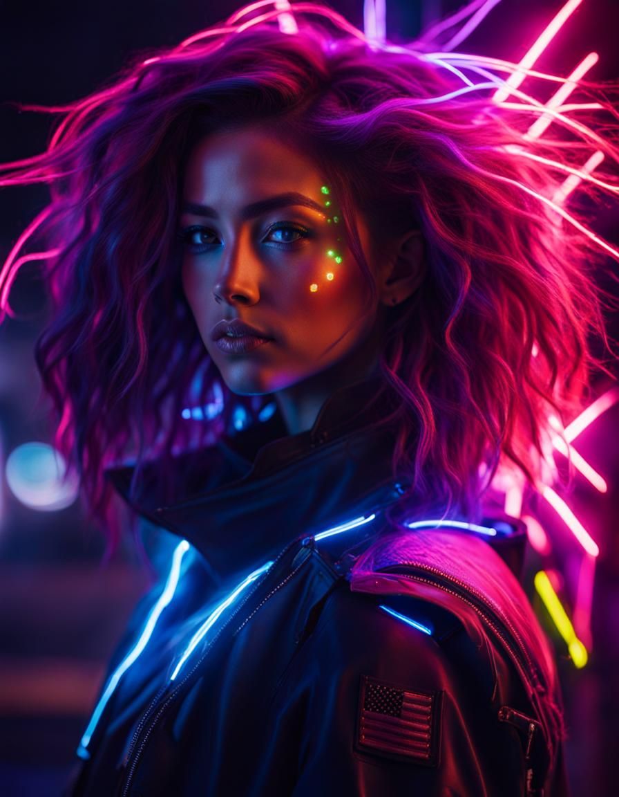 Neon Cyberpunk Girl with Flowing Hair
