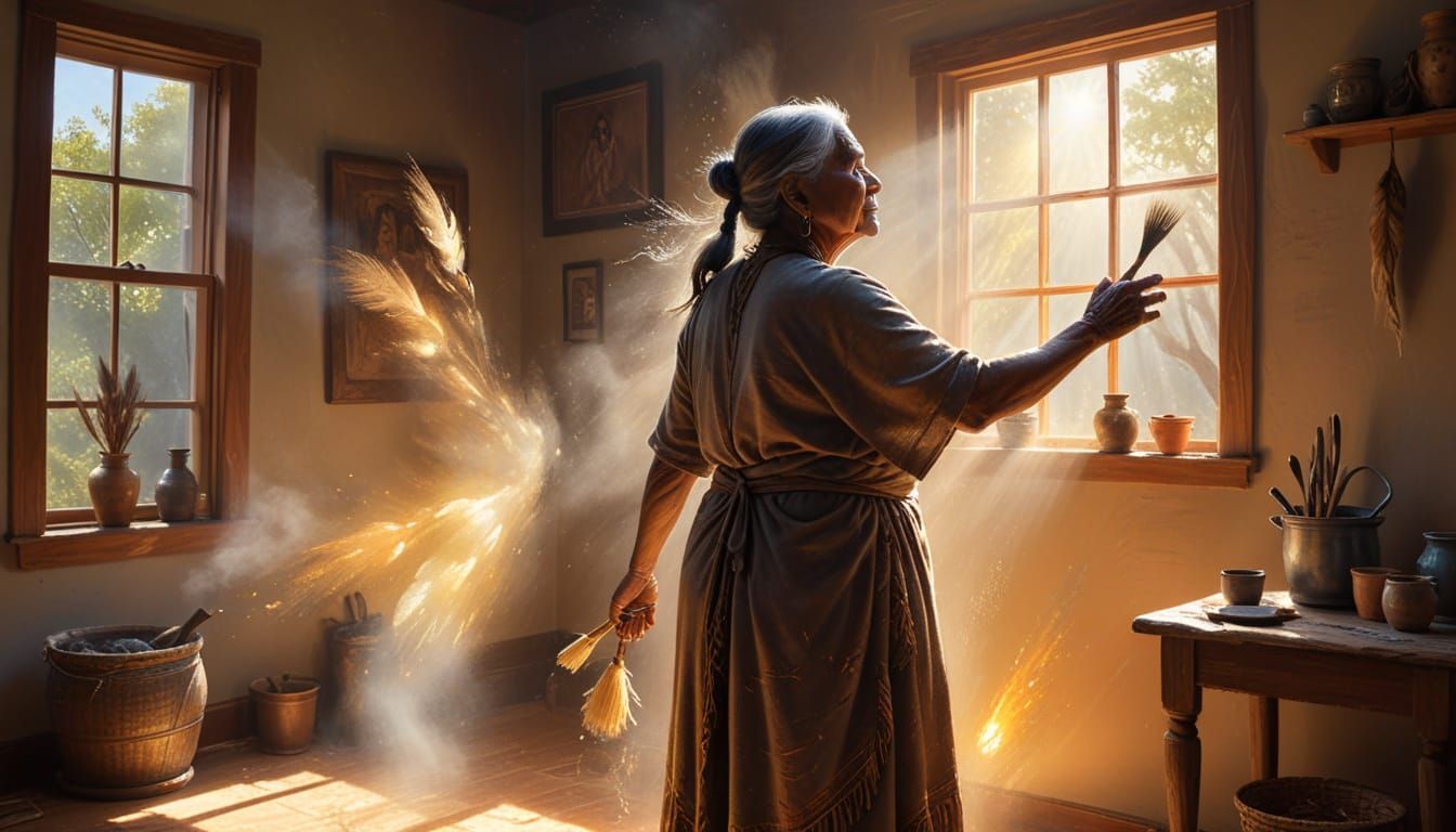 First Nations Grandmother and Spirits Cleaning Home in Oil P...