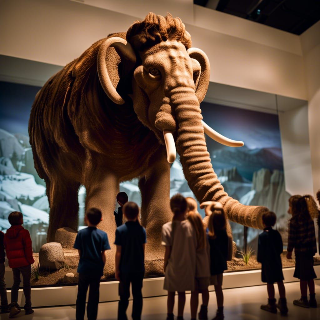 Schoolchildren Looking at a Wooly Mammoth