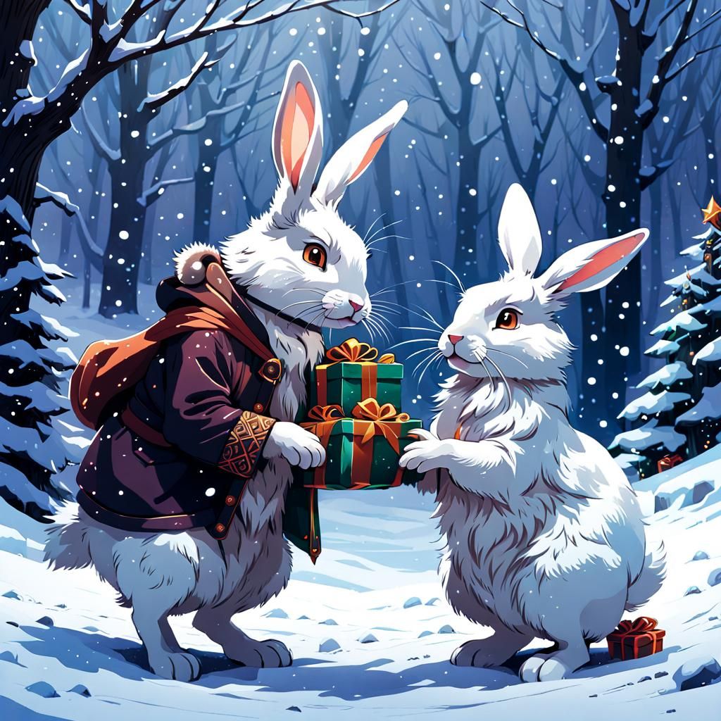 Rabbits Exchange Gifts in Snowy Wonderland