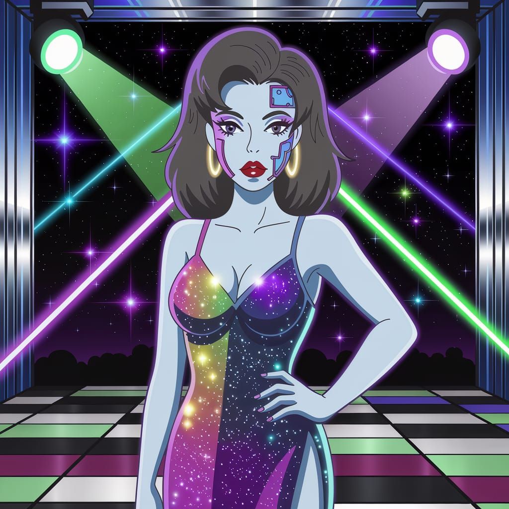 Retro Cybernetic Anime Girl in 80s Disco Style