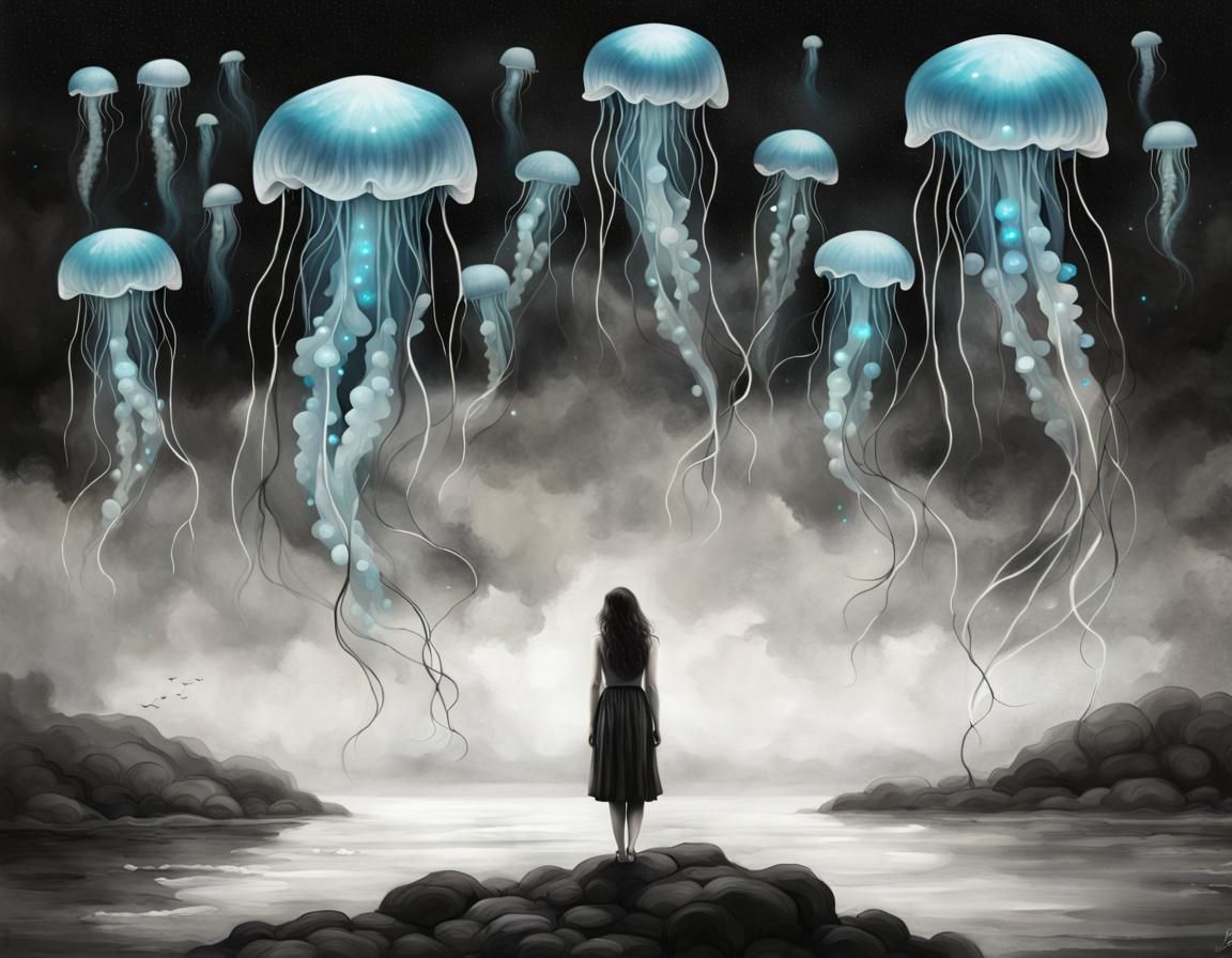 Dreamer Gazing at Bioluminescent Jellyfish Sky