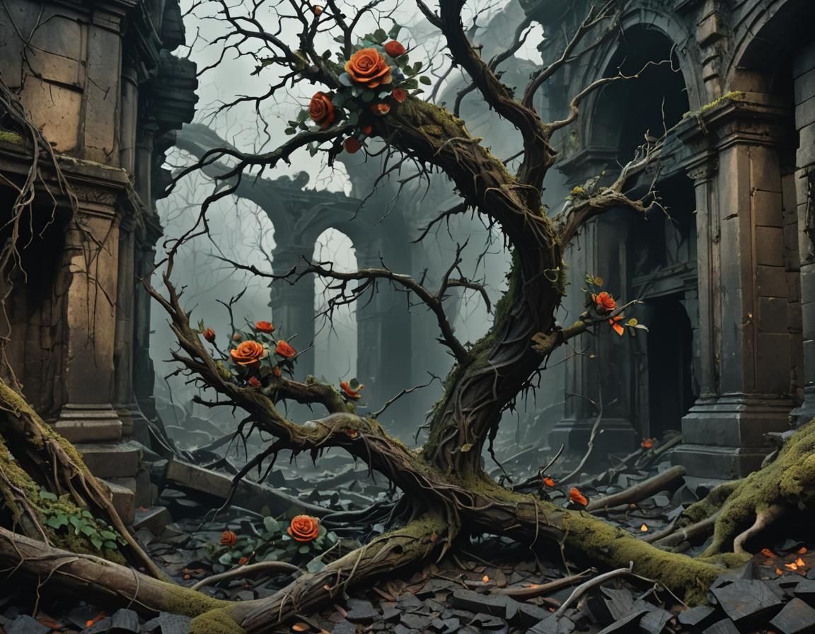 Eerie Ruins with Black Roses: Dark Fantasy Art