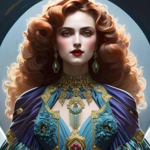 Ornate Portrait of a Beautiful Woman, Art Nouveau Style