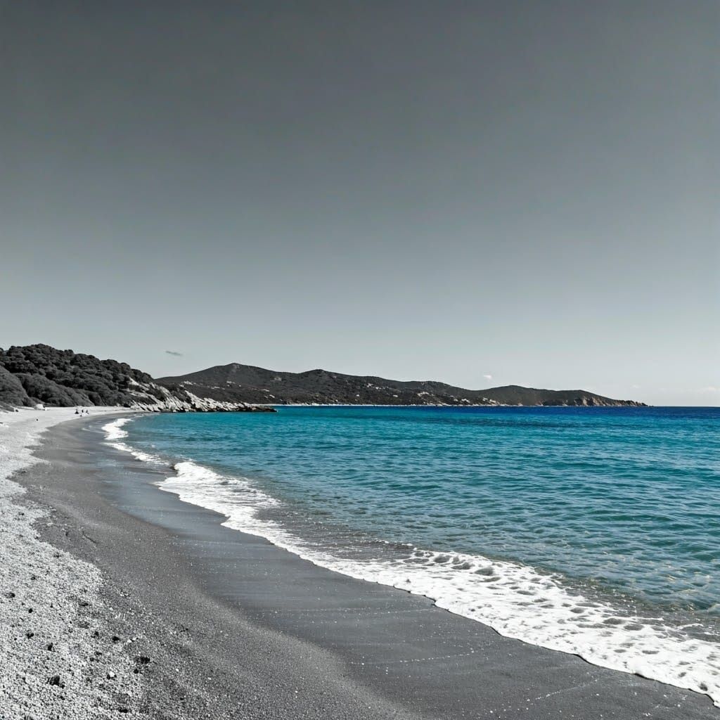 Sardinian Beach: Black and White Shore, Natural Color Sea