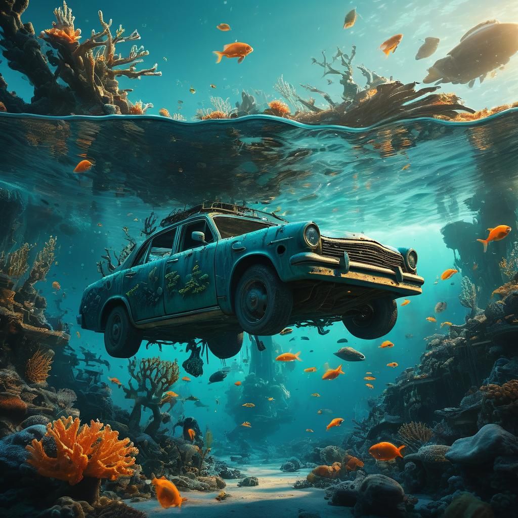 Underwater Car Wreck in Bioluminescent Fantasy World