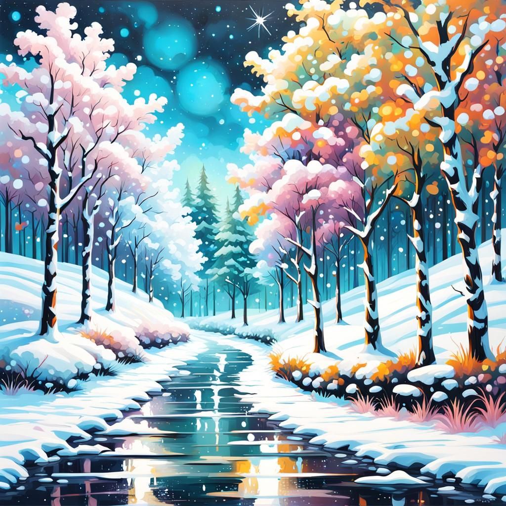 Moonlit Driveway: Sparkling Trees in Graffiti Art Style