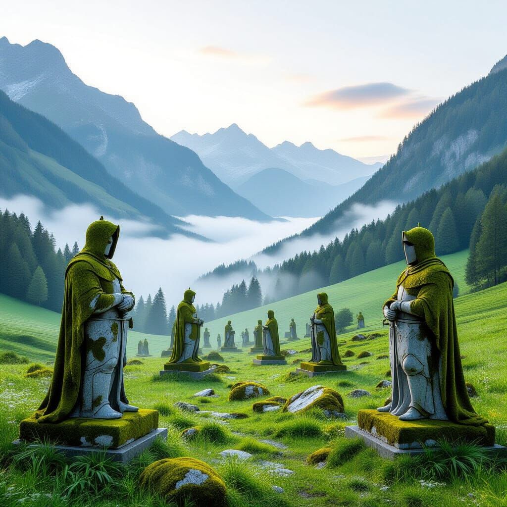 Surreal Knights Statues in Misty Swiss Alps Landscape