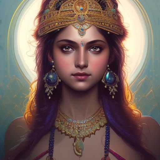 Indian Princess Portrait in Moonlight, Detailed Digital Art