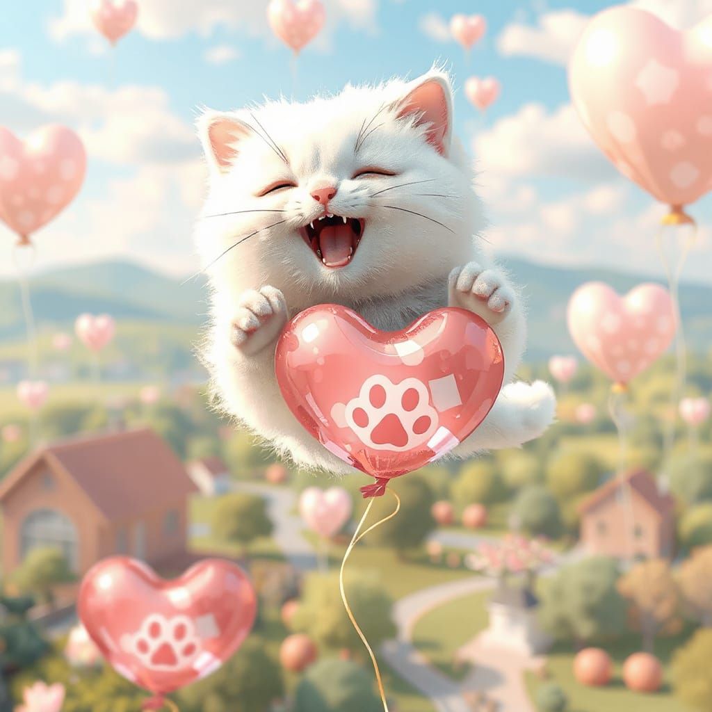 Joyful Chibi Cat Flying with Heart Balloons