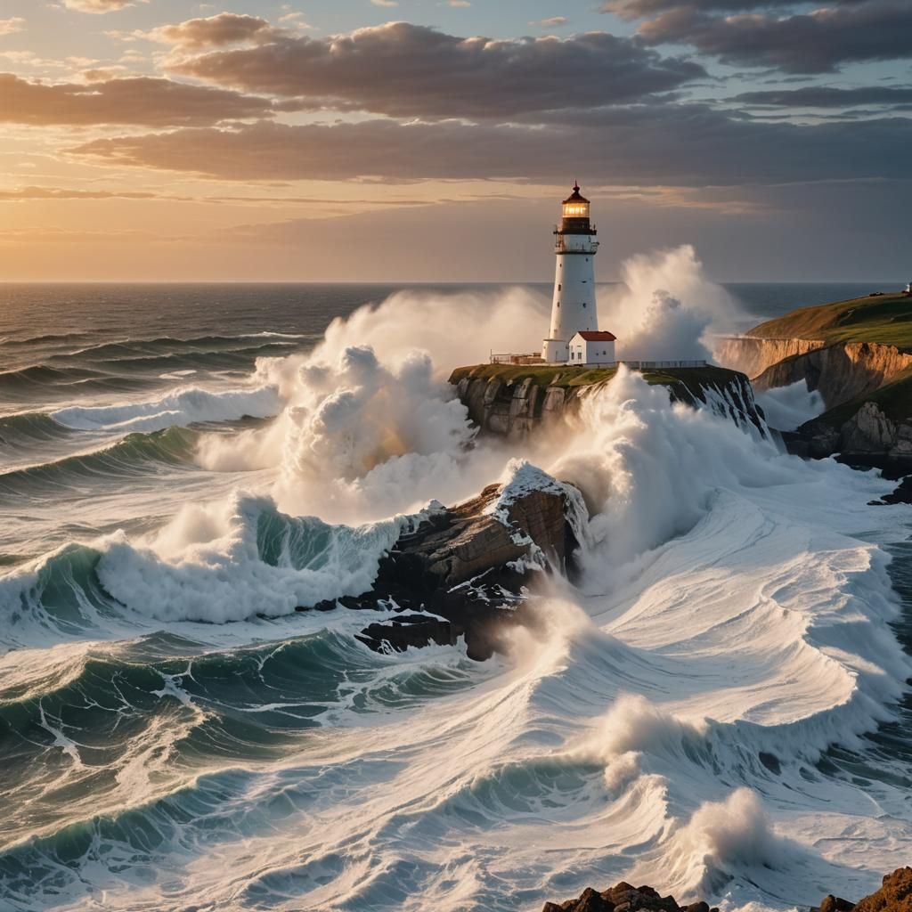 Lighthouse on Cliffside as Ocean Waves Crash
