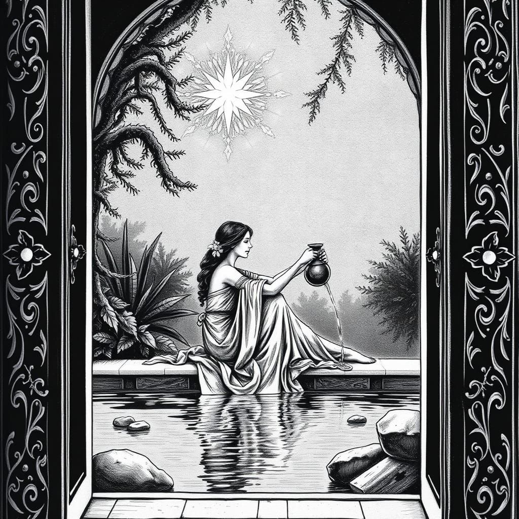 Mystical Woman Seated by Tranquil Pool in Ornate Window