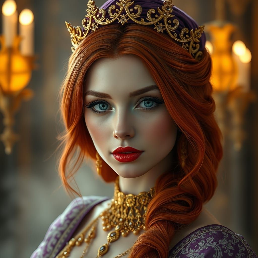 Highly detailed, realistic portrait of a stunningly beautiful woman with smooth silky red hair, gold crown, purple headd...