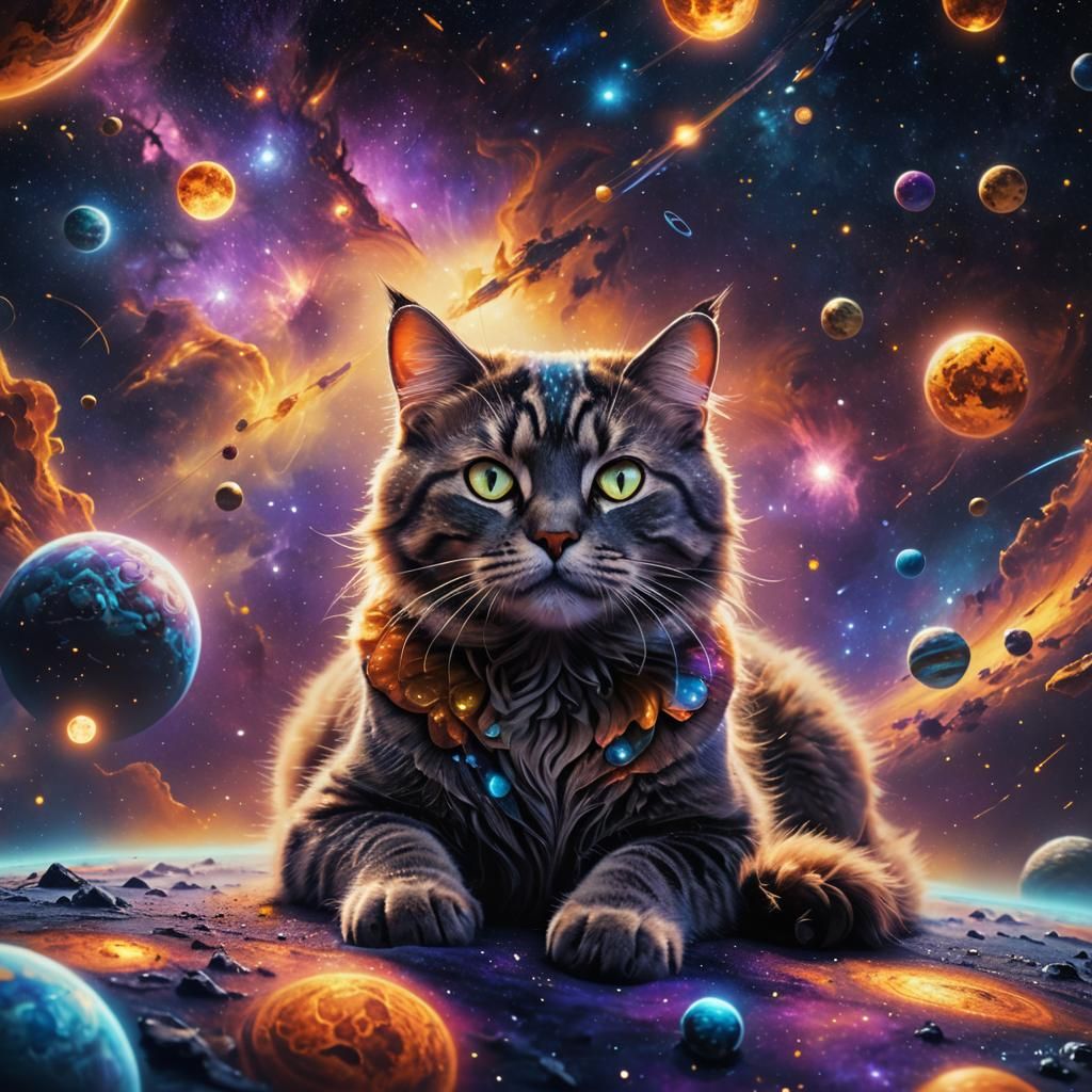 Cat Floating in Space: Hyper-Realistic Digital Art