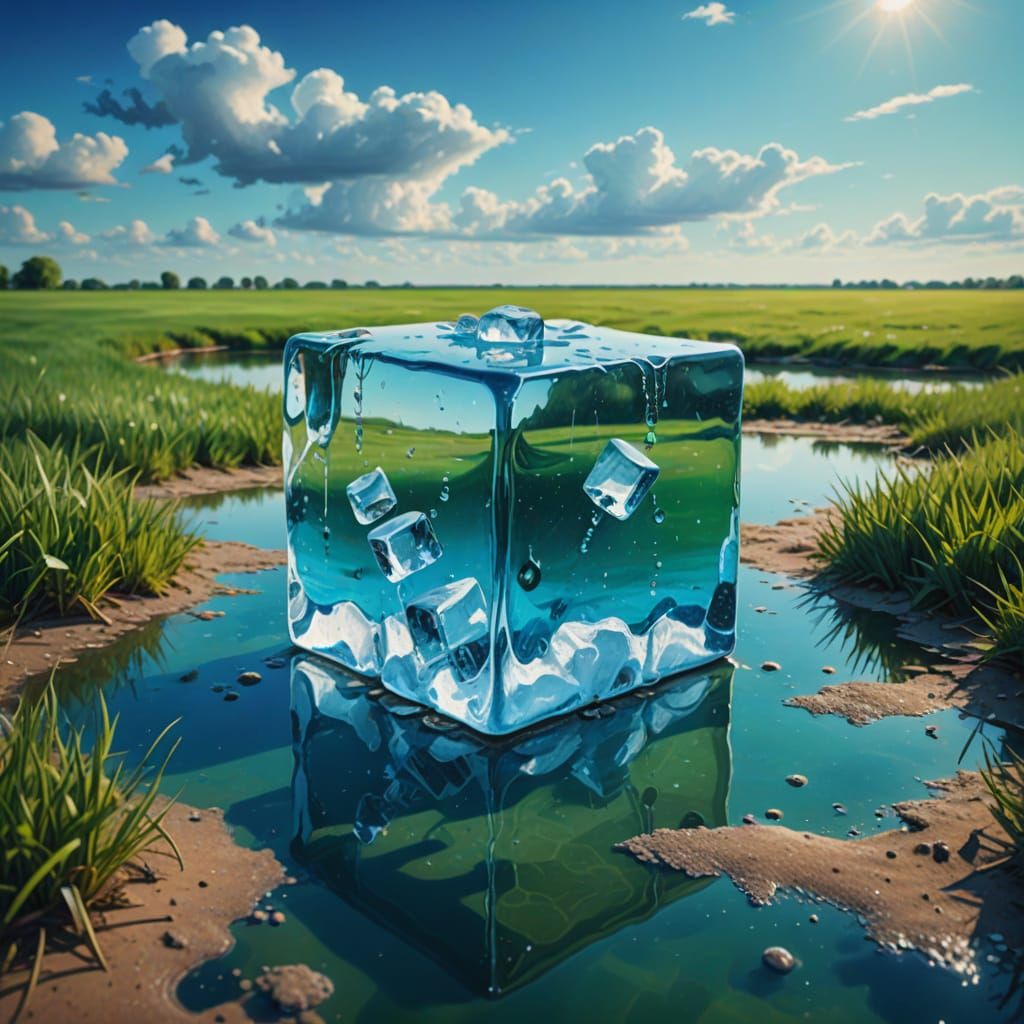 Giant Ice Cube Plunges into Pond as Oil Painting