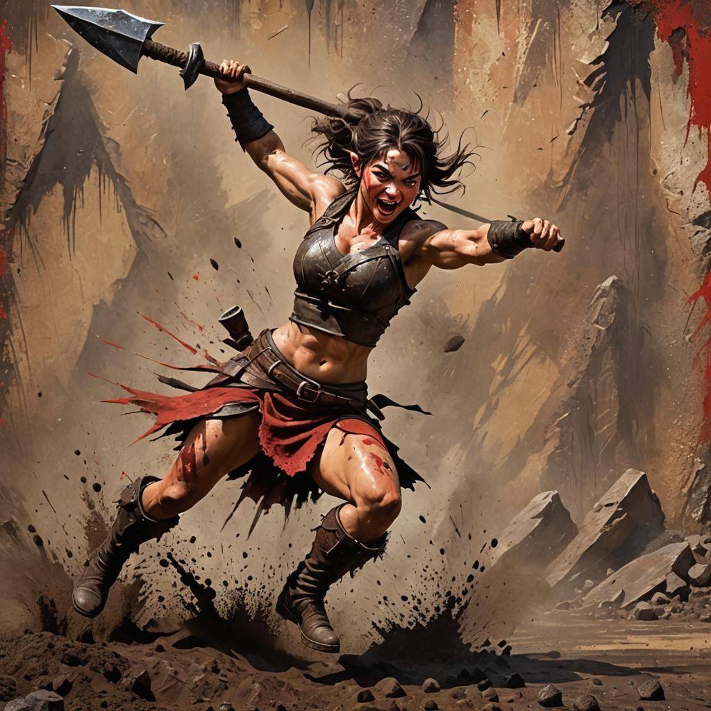 Halfling Warrior Leaping in Combat, Oil Brush Style