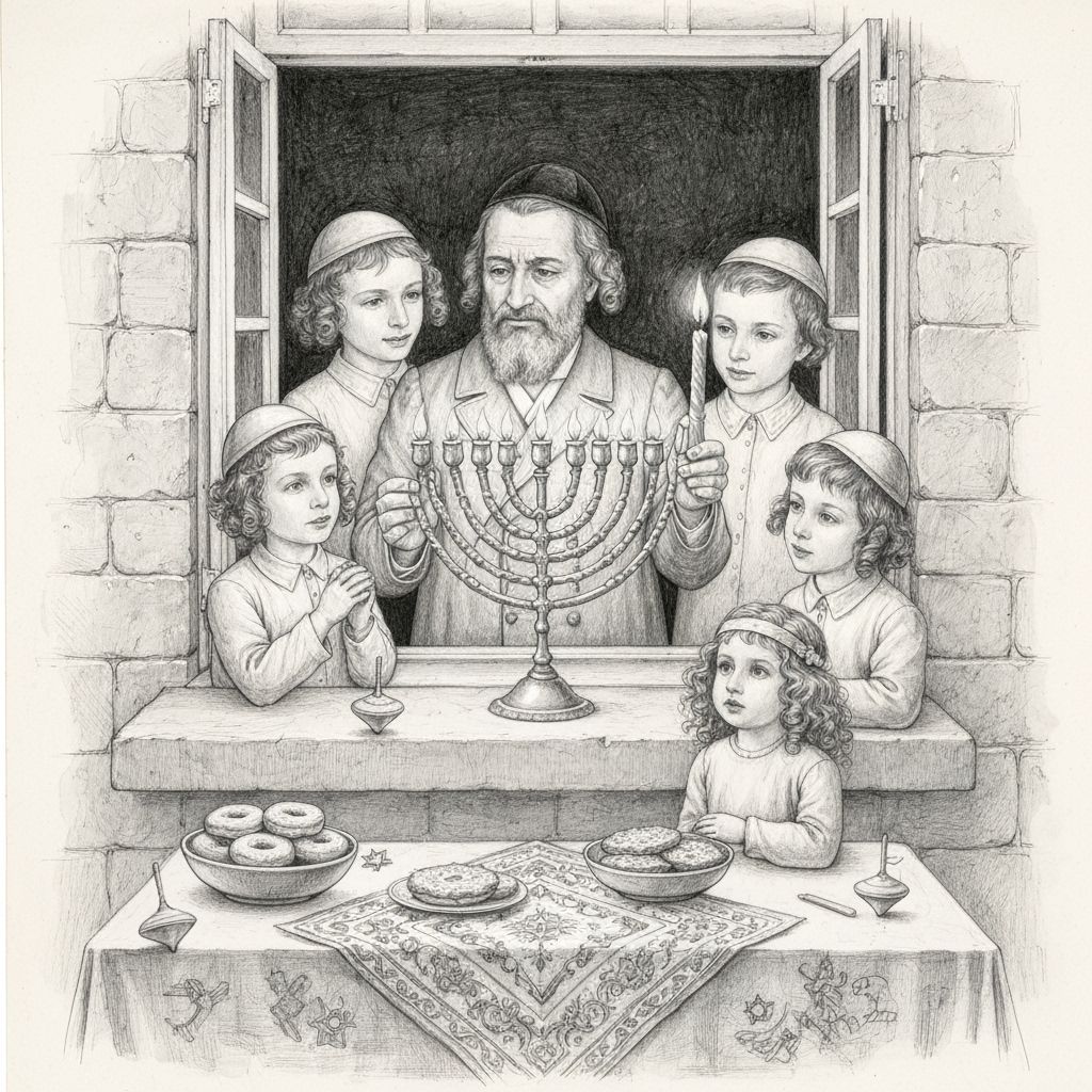 Chasidic Family Lighting Chanukah Candles in Graphite Art