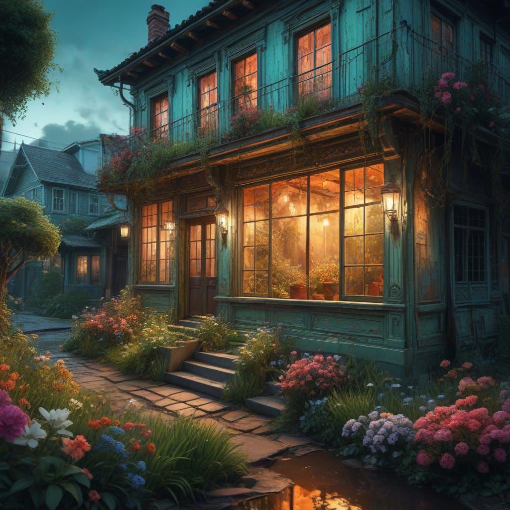 Cozy House in Flower Garden: Impressionist Digital Painting