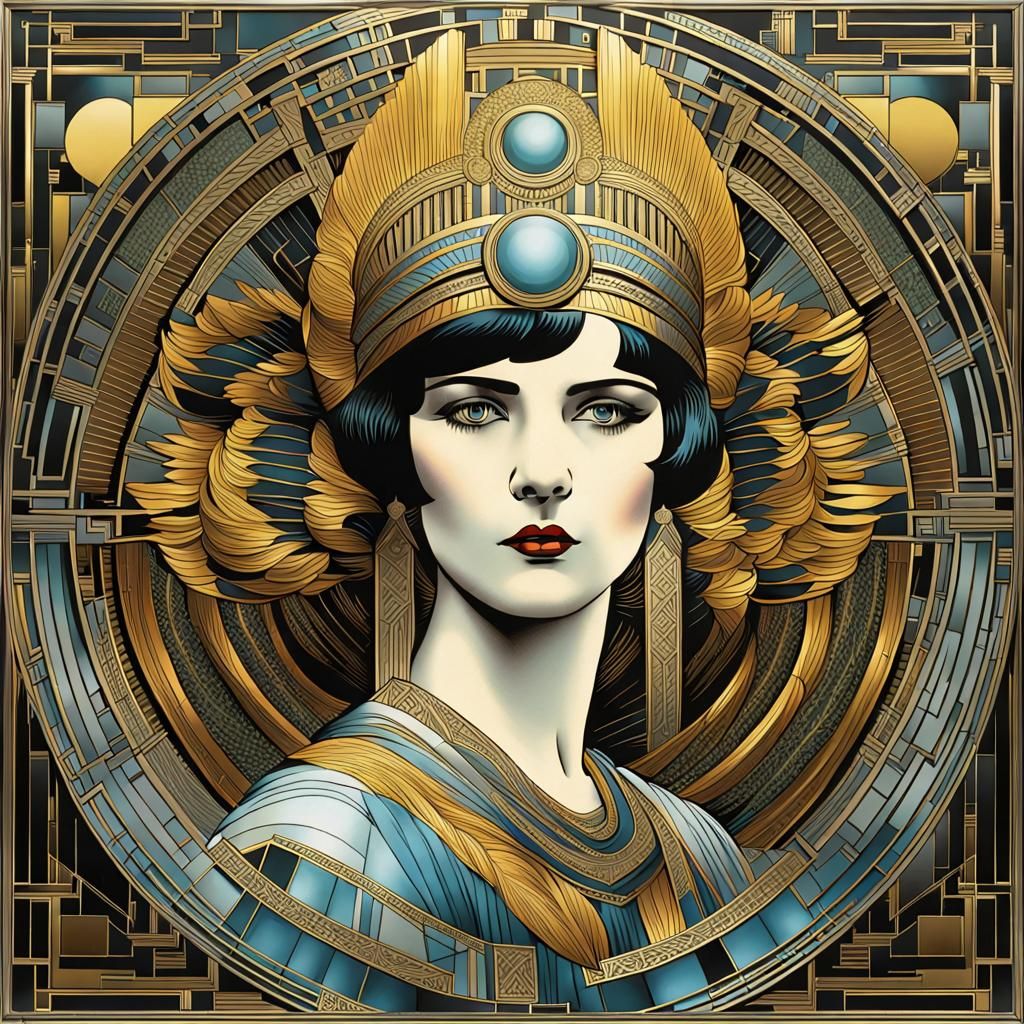 Victory Goddess Portrait in Geometric Steel Engraving