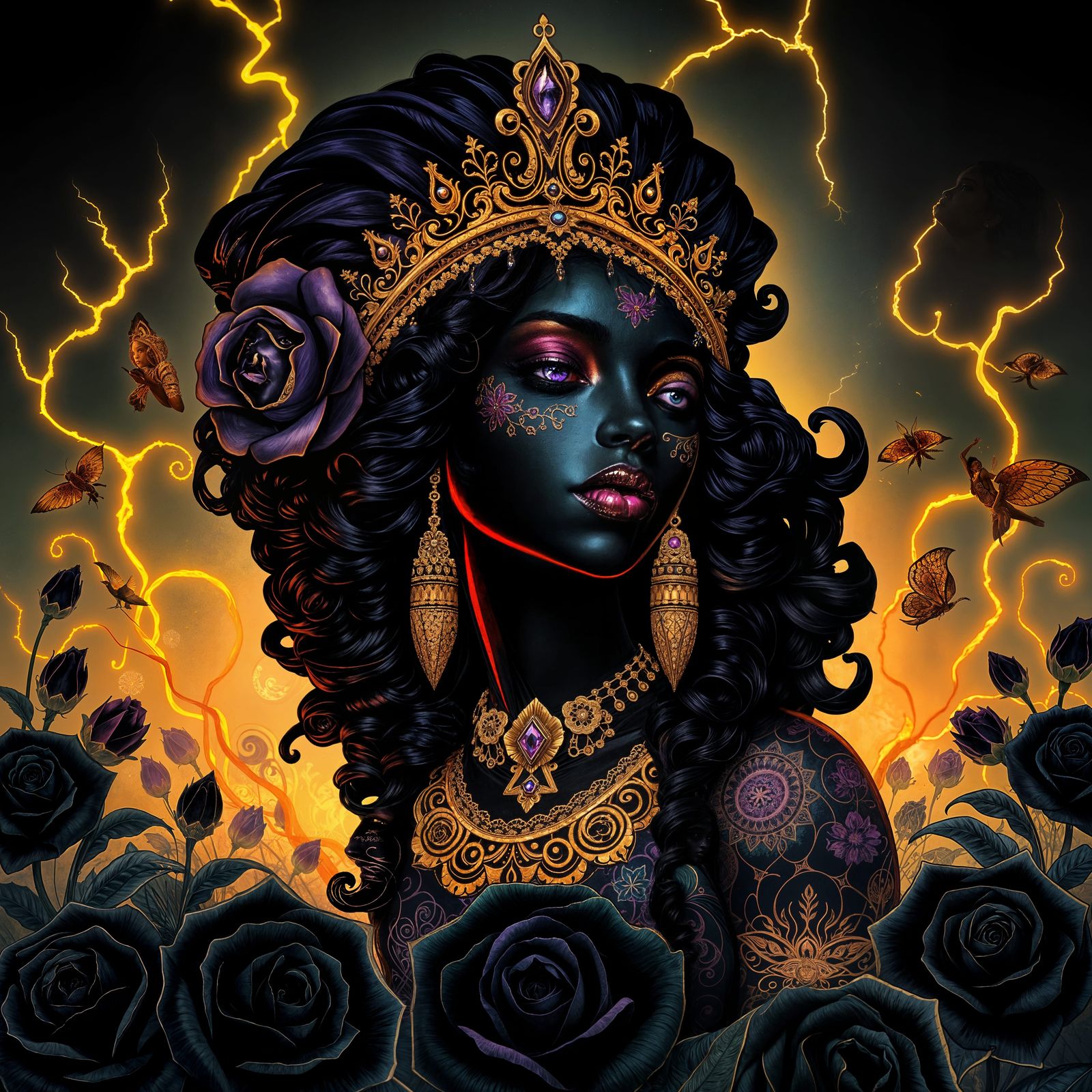 Black Orisha in Art Nouveau Field of Roses