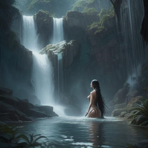 Radiant Woman in Waterfall: Sinister Fantasy Scene