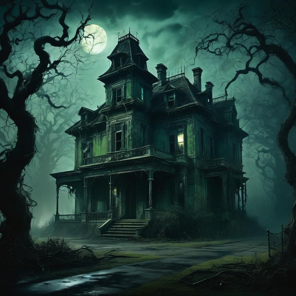 Decaying Mansion in Moonlight: Dark Surrealism