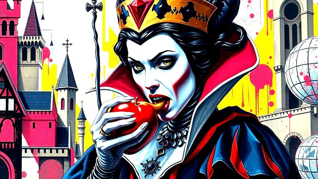 Evil Stepmother Eating Apple in Graffiti Art Style