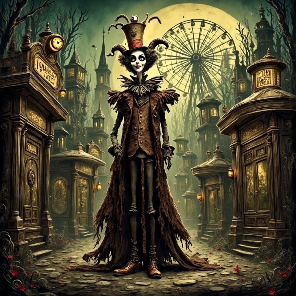 A darkly whimsical Jester at a haunted carnival. eldritch ominous Tim Burton Dan Mumford art deco Splash art gouache und...