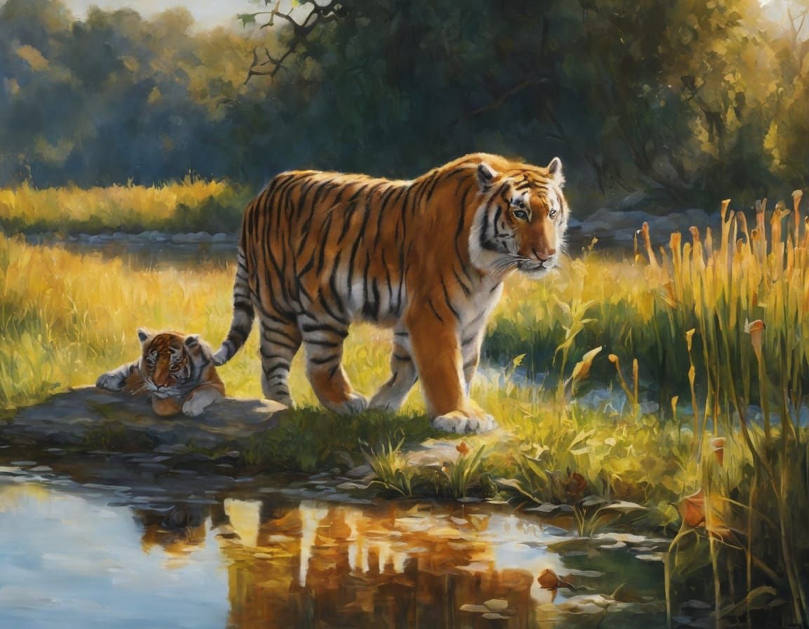 Tiger and Cub Soak Up Golden Hour Sun in Vibrant Art Deco St...