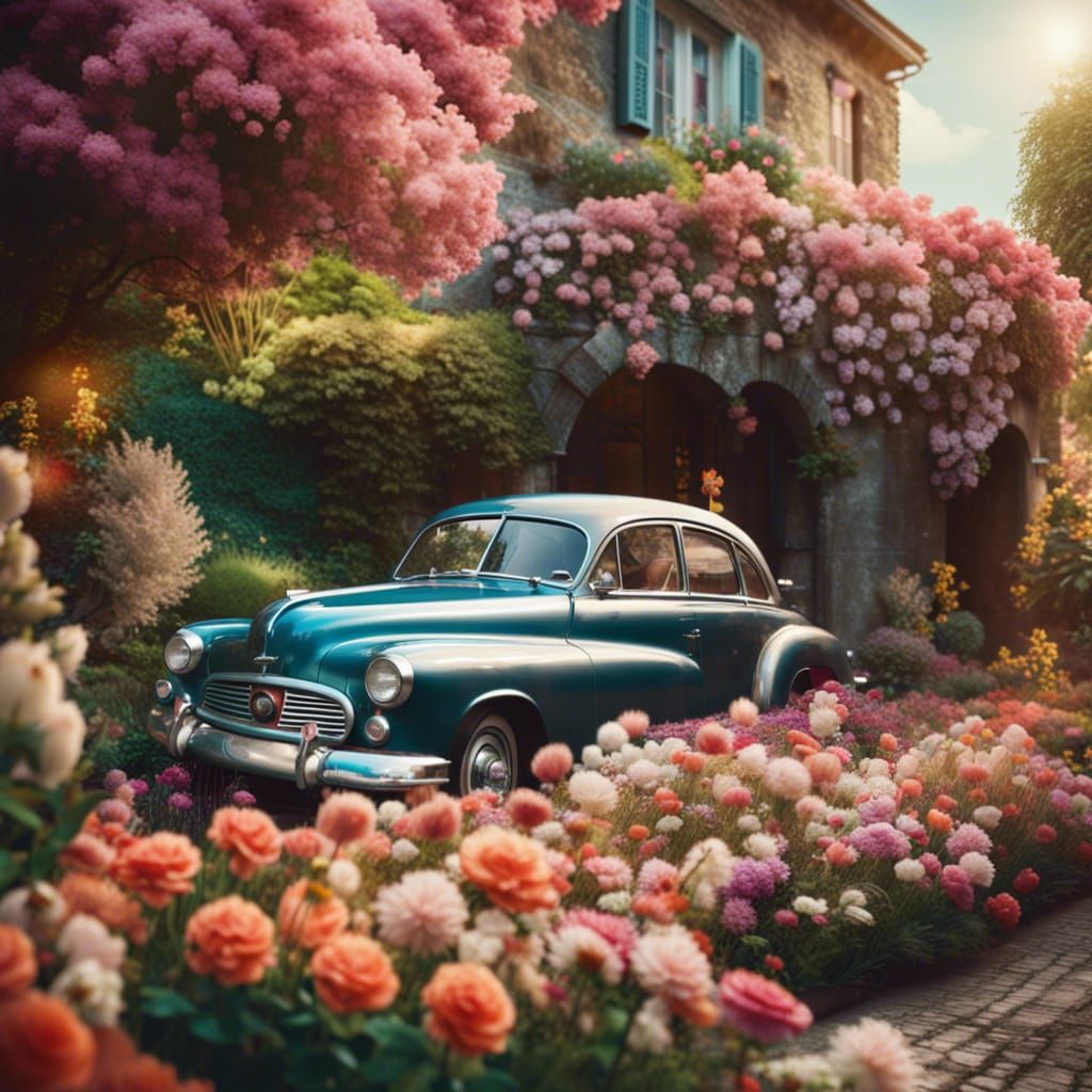 Vintage Car in Flower Garden: Digital Matte Painting