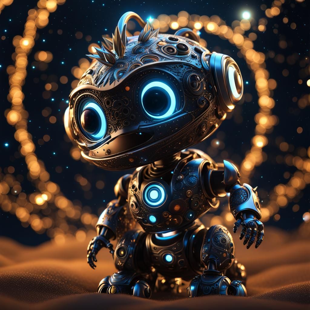 Cute Robot Dinosaur in Starry Galaxy, Cel-Shaded