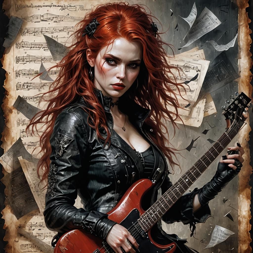 Red-Haired Gothic Girl with Guitar: Fantasy Art