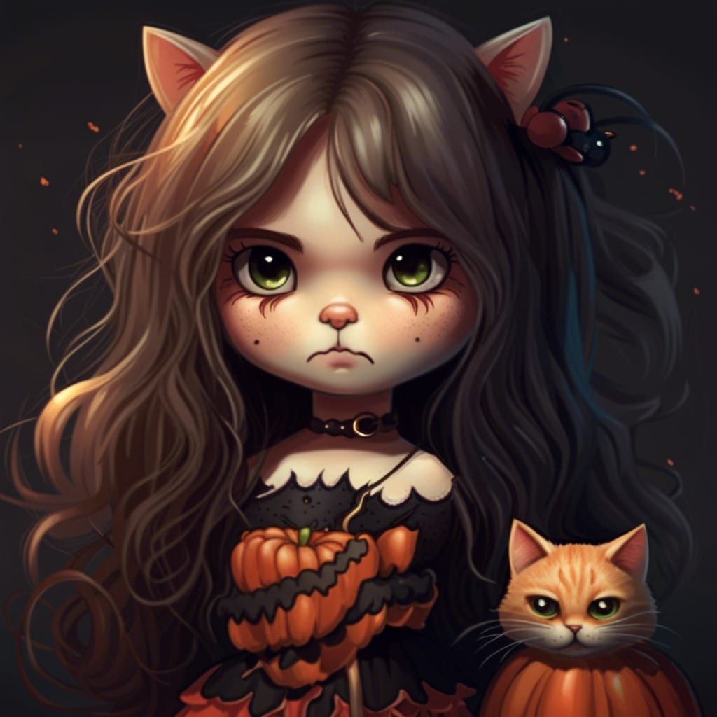 Cute Chibi Girl with Cat on Halloween