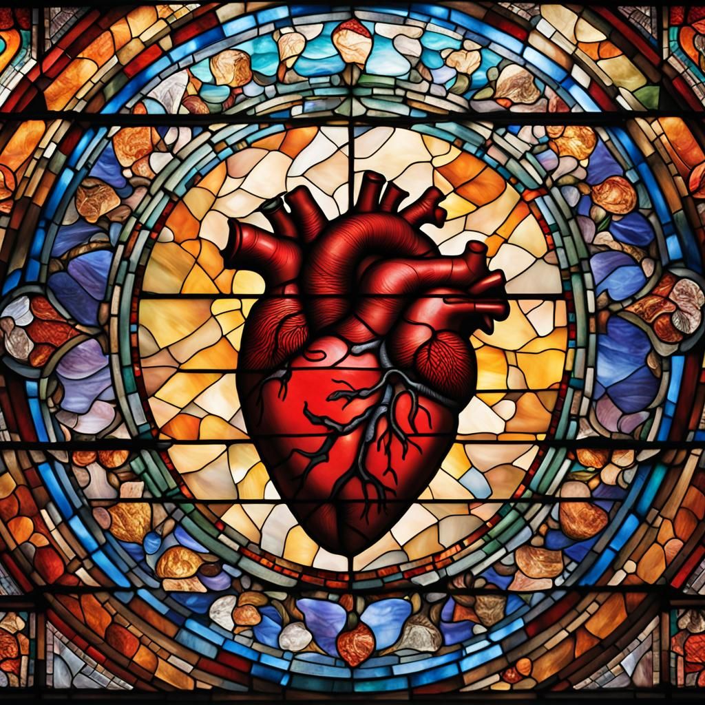 Heart-Themed Stained Glass Portrait in Studio Lighting