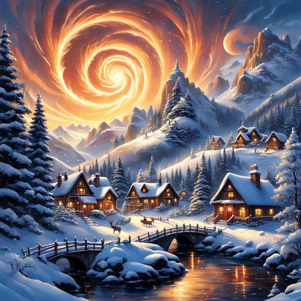Magnificent Christmas Village at Sunset in Whimsical Winter...