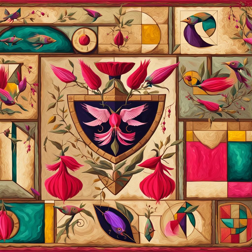 Abstract Collage of Geometric and Heraldic Symbols