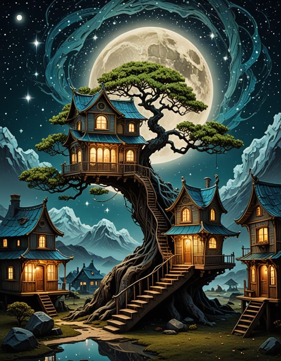 The Number 8: A library made of the moon, Mid shot enchanted library hidden within the moon, creative Masterpiece by Pat...