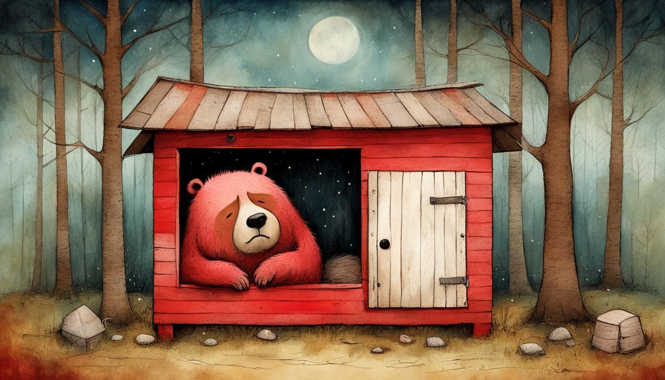 Grumpy Red Bear Tries to Sleep in Tiny Dog House