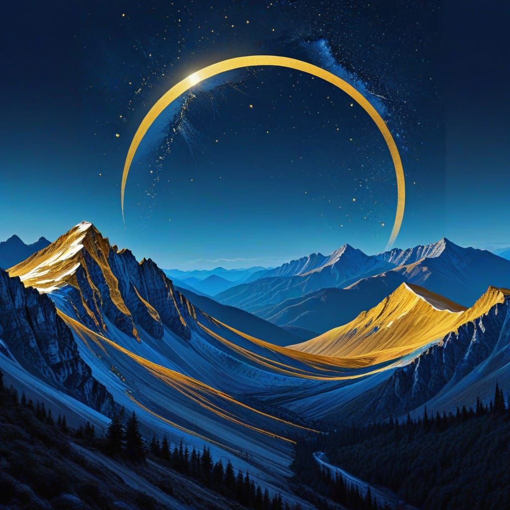 Mountain Landscape Under Golden Crescent Moon